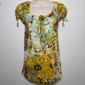 Women Ren Faire Milkmaid Top Medium Yellow Sequins Tie Paisley Boho Hippie Indie